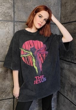 Premium Gothic t-shirt vintage wash grunge Jesus tee in grey
