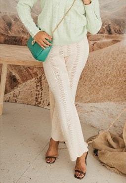 Cream Wavy Pointelle Knit Flare Trousers