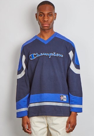 VINTAGE 90'S CHAMPION LOGO PURPLE AND BLACK V NECK SWEATER