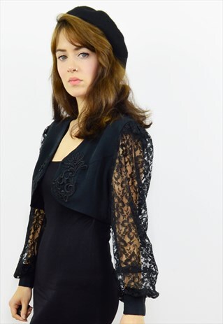 VINTAGE 90S BLACK LACE EMBROIDERED PARTY BOLERO JACKET