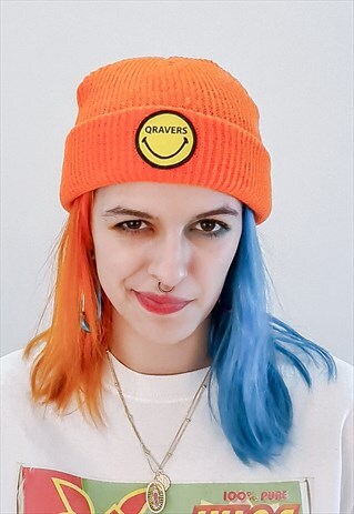 NEON ORANGE BEANIE HAT WITH QRAVERS PATCH