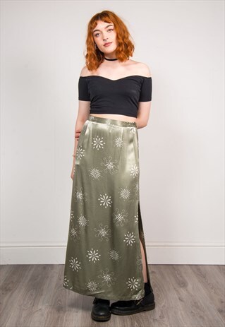 90'S VINTAGE GREEN PATTERNED SATIN STYLE SLIT MAXI SKIRT