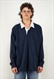 Vintage 80's Men Long Sleeve Rugby Polo Shirt in Blue