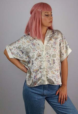 VINTAGE 90'S SILKY POLYESTER PYJAMA KIMONO SLEEVE