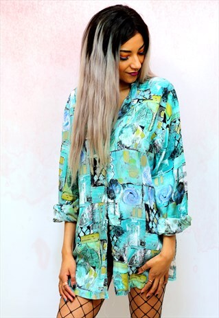 1990S VINTAGE GREEN PATTERN VISCOSE OVERSIZED SHIRT