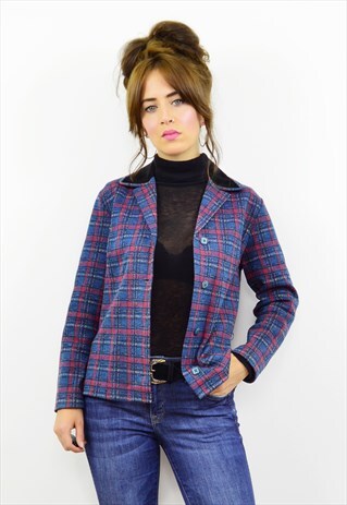 VINTAGE 70S BLUE TARTAN KNIT THIN JACKET