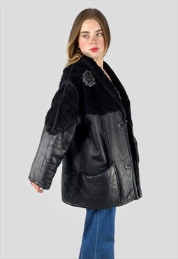 80's Vintage Black Leather Shearling Ladies Winter Coat