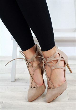 BEIGE STILETTO HIGH HEEL LACE UP POINTED SANDALS