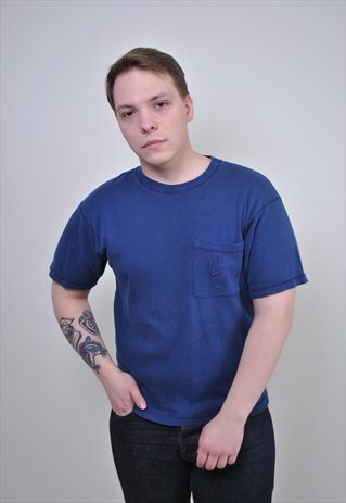 90S POCKET TEE, VINTAGE BLUE EMBROIDERY TSHIRT, SIZE M