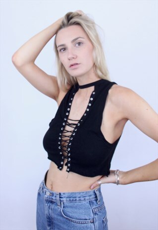 VINTAGE 90S LACE UP UNIQUE BLACK PUNK CROP TOP