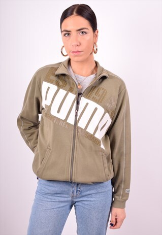 PUMA WOMENS VINTAGE TRACKSUIT TOP JACKET LARGE KHAKI 90'S