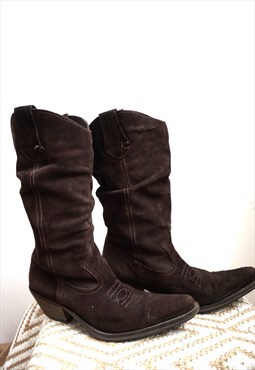 Vintage Brown Suede Leather Cowboy Western Boots Shoes