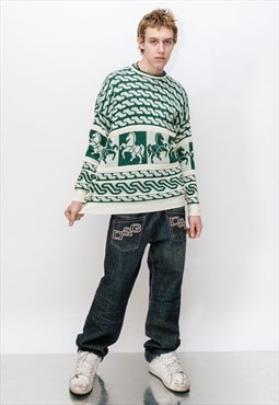 90's Vintage iconic retro horse print jumper in green&white