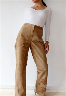 Y2k Vintage Suede Leather Trousers Lined Beige Embroidered