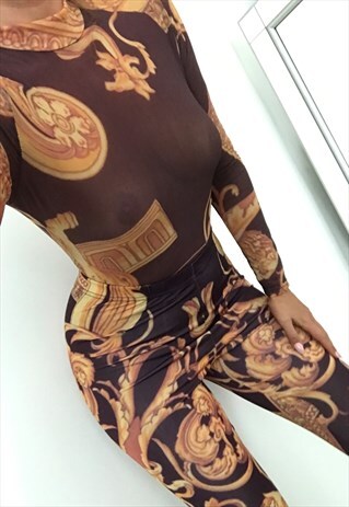 MESH BODY & LEGGINGS CO-ORD IN BROWN BAROQUE