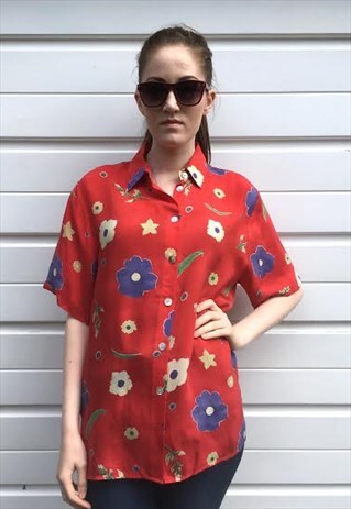 WOMENS VINTAGE 80S RED FLORAL SHORT SLEEVE FESTIVAL SHIRT