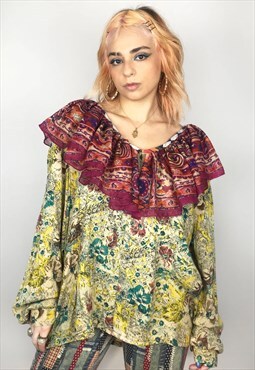 Upcycled Ruffled Blouse in Lemon And Raspberry Paisley Print