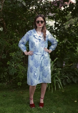 VINTAGE 60'S MIDI BLUE FLOWER PRINT LONG SLEEVE DRESS