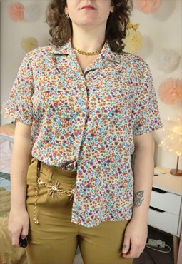 Retro 90s Colourful Floral Flowery Flower Print Shirt Blouse