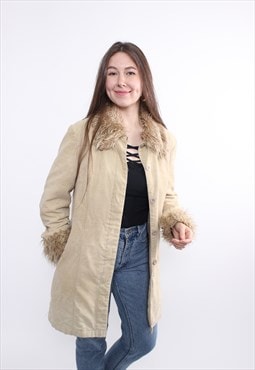 90s penny lane coat, vintage beige overcoat with faux fur 