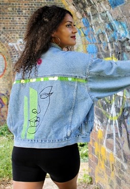 Reworked Vintage Festival Jacket- Abstract Face Neon Sequins