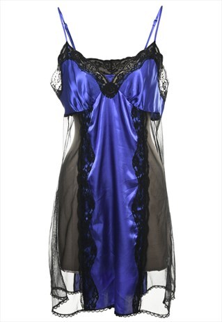 Vintage Sheer Effect Black & Blue Lace Slip - S