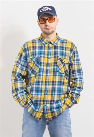 Flannel shirt in plaid yellow blue Vintage long sleeve men