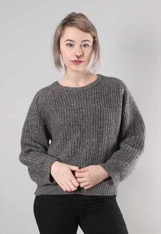 VINTAGE 80S GREY THICK KNIT WOOL JUMPER