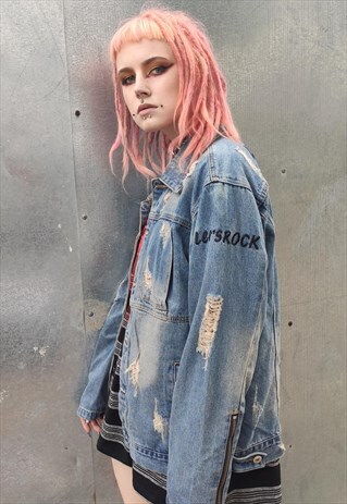 RIPPED BLEACHED DENIM JACKET DISTRESSED CROSS JEAN COAT