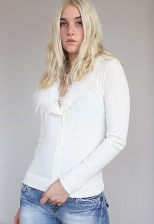 VINTAGE Y2K MORGAN FAUX FUR COLLAR BLOUSE IN WHITE