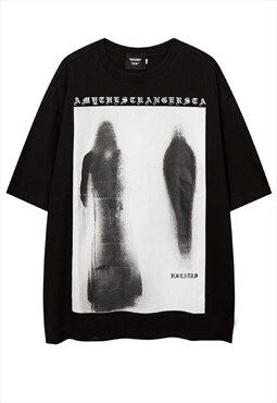 Shadows print t-shirt Y2K slogan Gothic tee in black