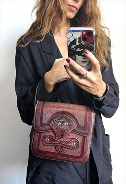 Tooled Mexican Maroon Leather embossed Boho Bag Handbag