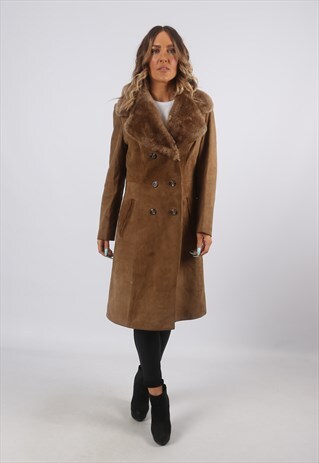 FAUX SHEEPSKIN SUEDE COAT JACKET UK 10 (A8BF)