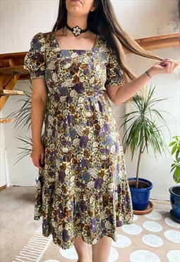 Vintage 80's Floral Puff Sleeve Midi Dress - M