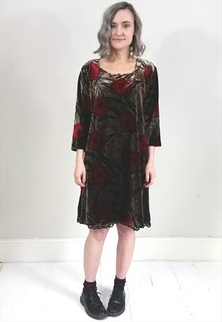 VINTAGE 90'S RED FLORAL VELVET TUNIC TOP W/ HIGH SPLITS