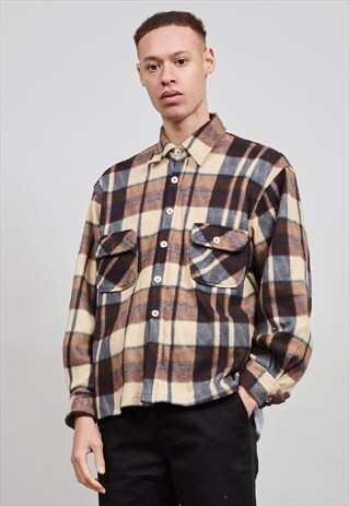 VINTAGE 90'S BROWN TARTAN FLEECE WORKMAN SHIRT