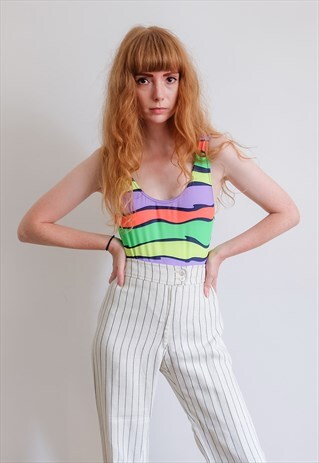 VINTAGE 80S NEON STRIPED SWIMSUIT BODYSUIT