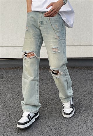 BLUE WASHED DISTRESSED DENIM JEANS PANTS TROUSERS