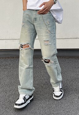 Blue Washed Distressed Denim jeans pants trousers
