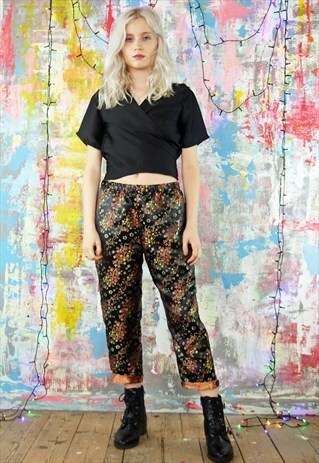 TAPERED TROUSERS IN BLACK SATIN CHINESE BLOSSOM CLEAN LINES