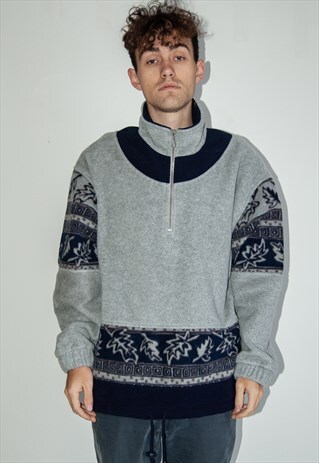VINTAGE RETRO WARM GREY BLUE WINTER FLEECE HALF ZIP JUMPER