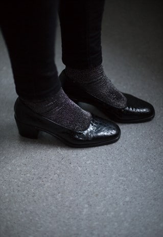 VINTAGE 80'S BLACK CROCODILE SKIN LOOKS VARNISHED SHOES