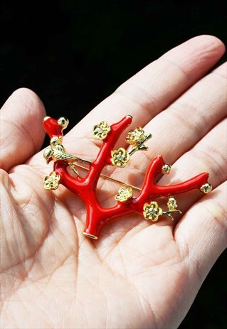 RED TREE WITH FLOWER AND BIRD BROOCH