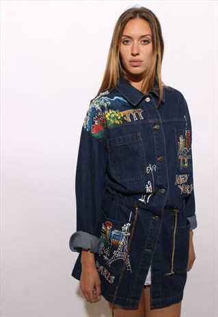 VINTAGE 1990'S 90'S PAINTED DENIM JACKET NYC NOVELTY L-XL