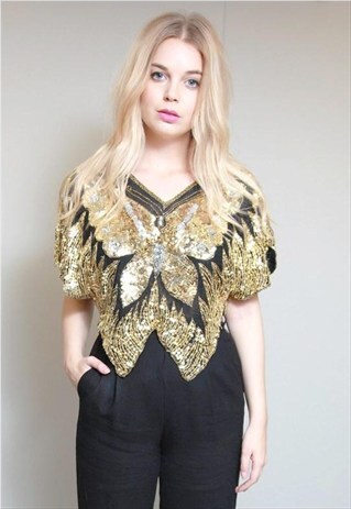 VINTAGE 1980'S SPARKLY BLACK AND GOLD SEQUIN BUTTERFLY TOP