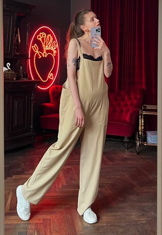 Baggy Beige Dungarees, Loose Fit One piece overall Trousers