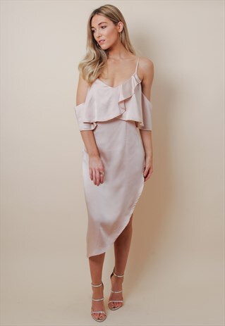 BLUSH SATIN RUFFLE MIDI DRESS