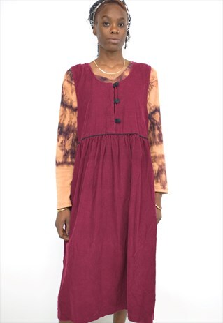 VINTAGE 90S MAROON CORDUROY BLACK BUTTON DRESS
