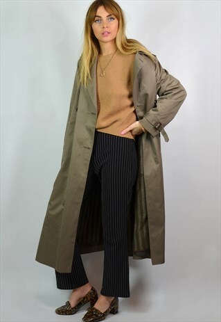 VINTAGE 90S LONG OLIVE GREY MAC TRENCH COAT