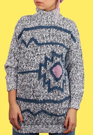 VINTAGE 80'S TURTLENECK WOOL KNIT JUMPER GRAPHIC PATTERN